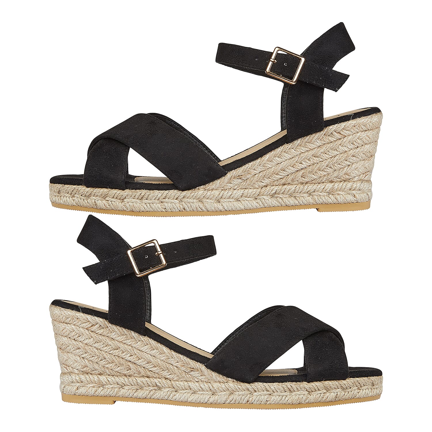  Shoes by Emma Ladies MALIBU Hessian Wedge Sandal with Cross Over Front and Buckle  - Black