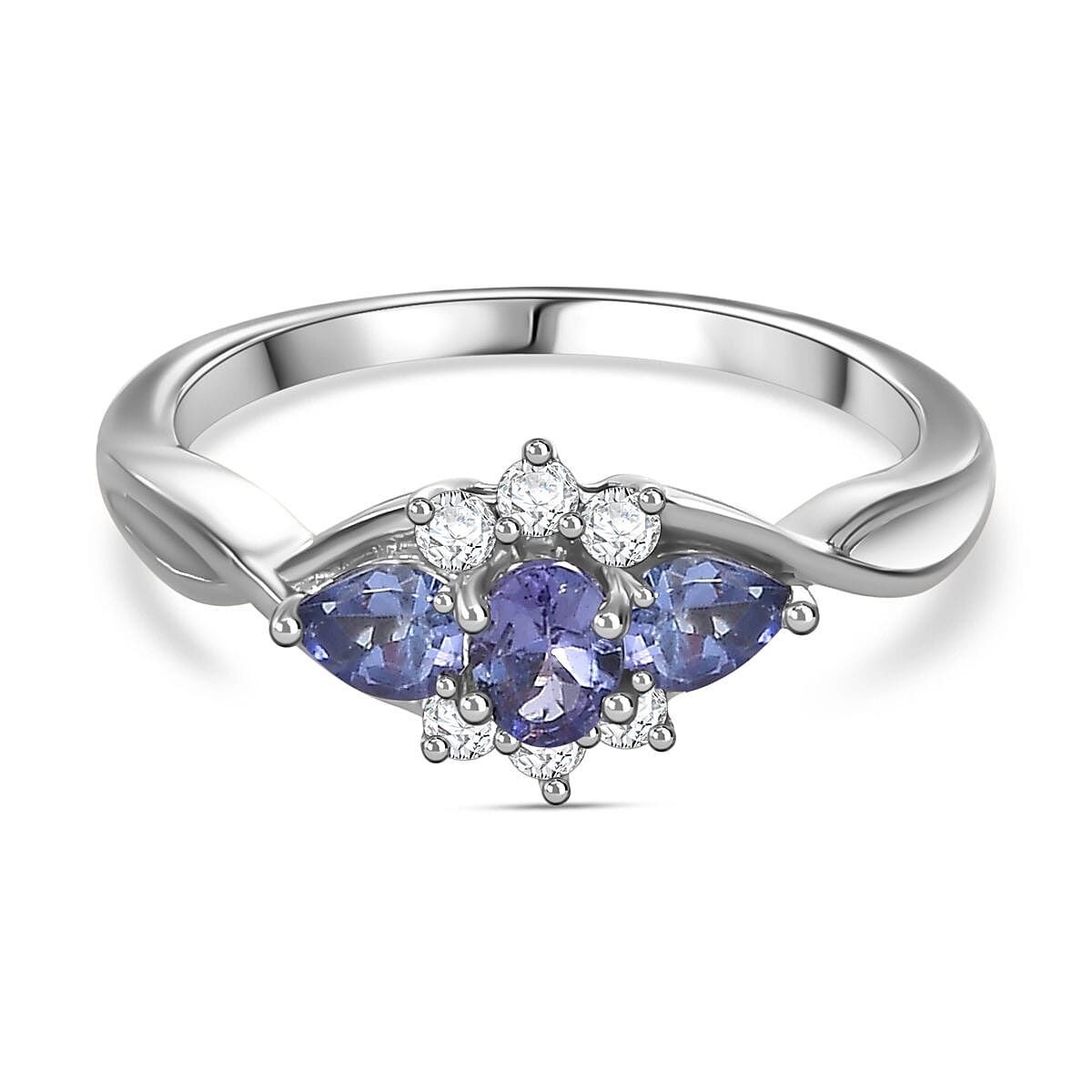 Tanzanite & White Zircon Three Stone Ring in Platinum Overlay Sterling Silver