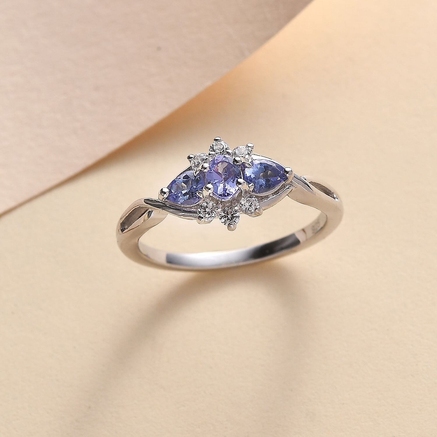 Royal Bali Collection - D'Joy Tanzanite & White Zircon Three Stone Ring in Platinum Overlay Sterling Silver