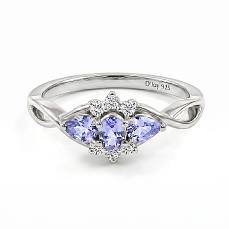Royal Bali Collection - D'Joy Tanzanite & White Zircon Three Stone Ring in Platinum Overlay Sterling Silver