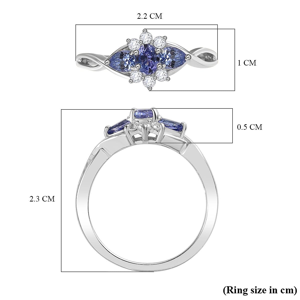 Royal Bali Collection - D'Joy Tanzanite & White Zircon Three Stone Ring in Platinum Overlay Sterling Silver
