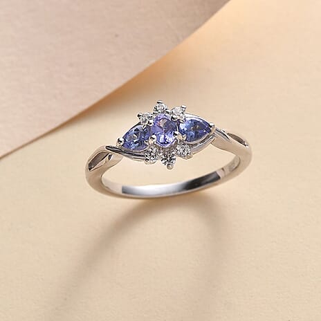 Tanzanite & White Zircon Three Stone Ring in Platinum Overlay Sterling Silver