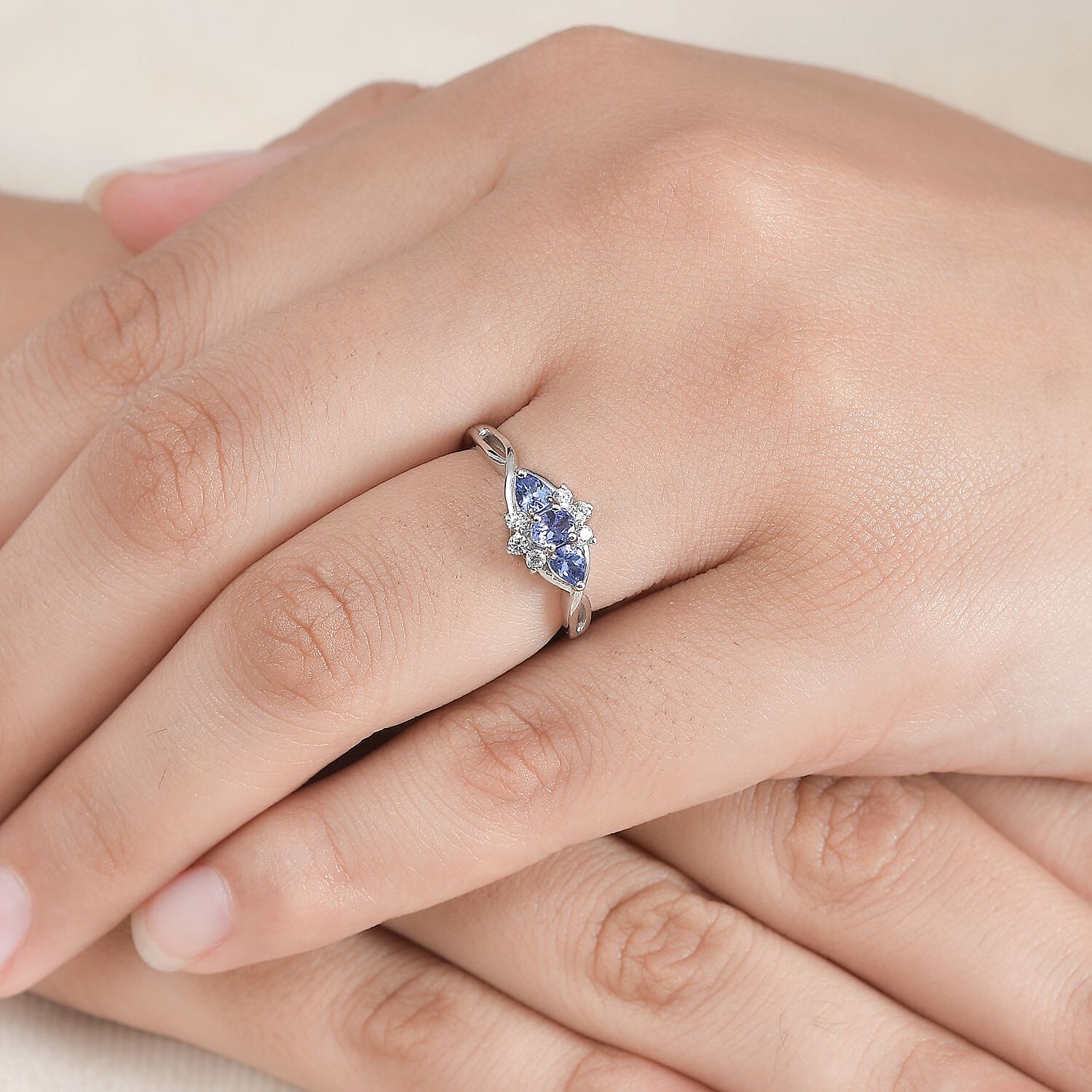 Royal Bali Collection - D'Joy Tanzanite & White Zircon Three Stone Ring in Platinum Overlay Sterling Silver