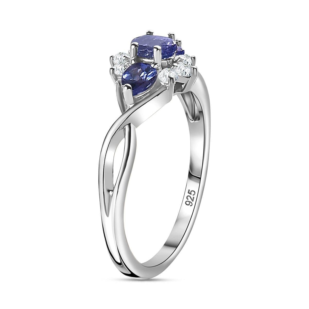 Royal Bali Collection - D'Joy Tanzanite & White Zircon Three Stone Ring in Platinum Overlay Sterling Silver