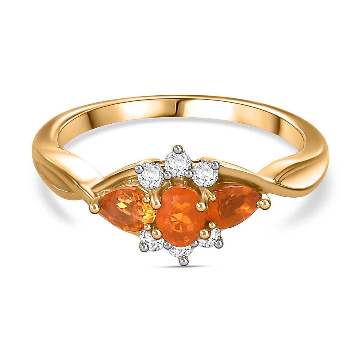 Fire Opal & Natural Zircon Ring in 14K Gold Overlay Sterling Silver