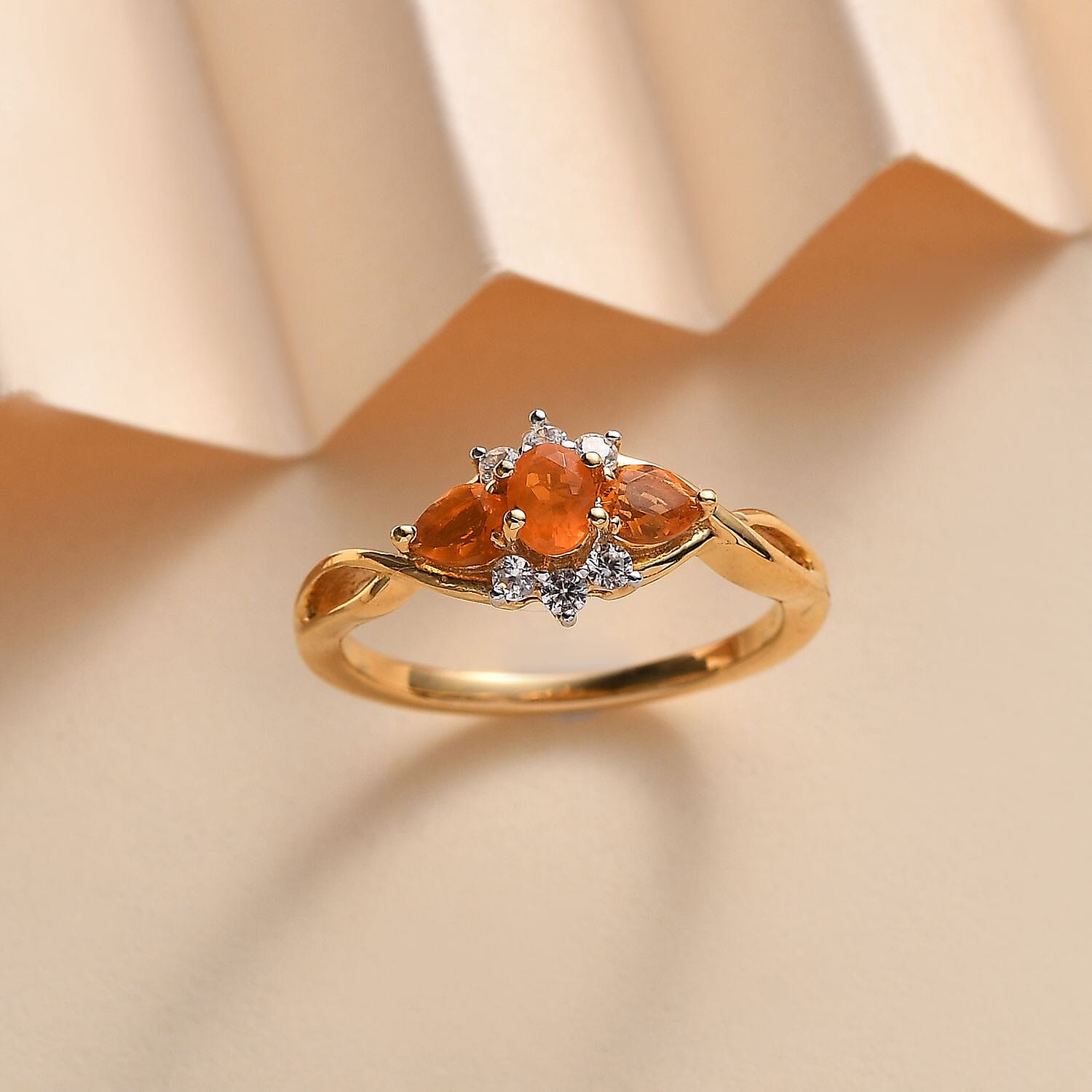 Fire Opal & Natural Zircon Ring in 14K Gold Overlay Sterling Silver