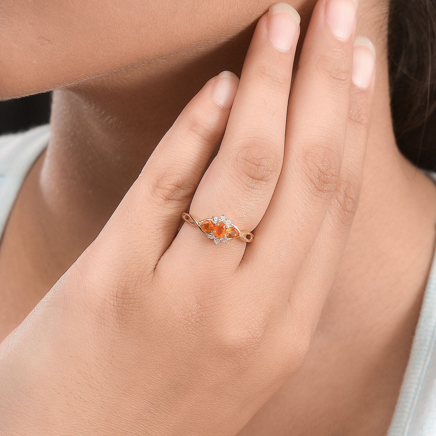 Fire Opal & Natural Zircon Ring in 14K Gold Overlay Sterling Silver