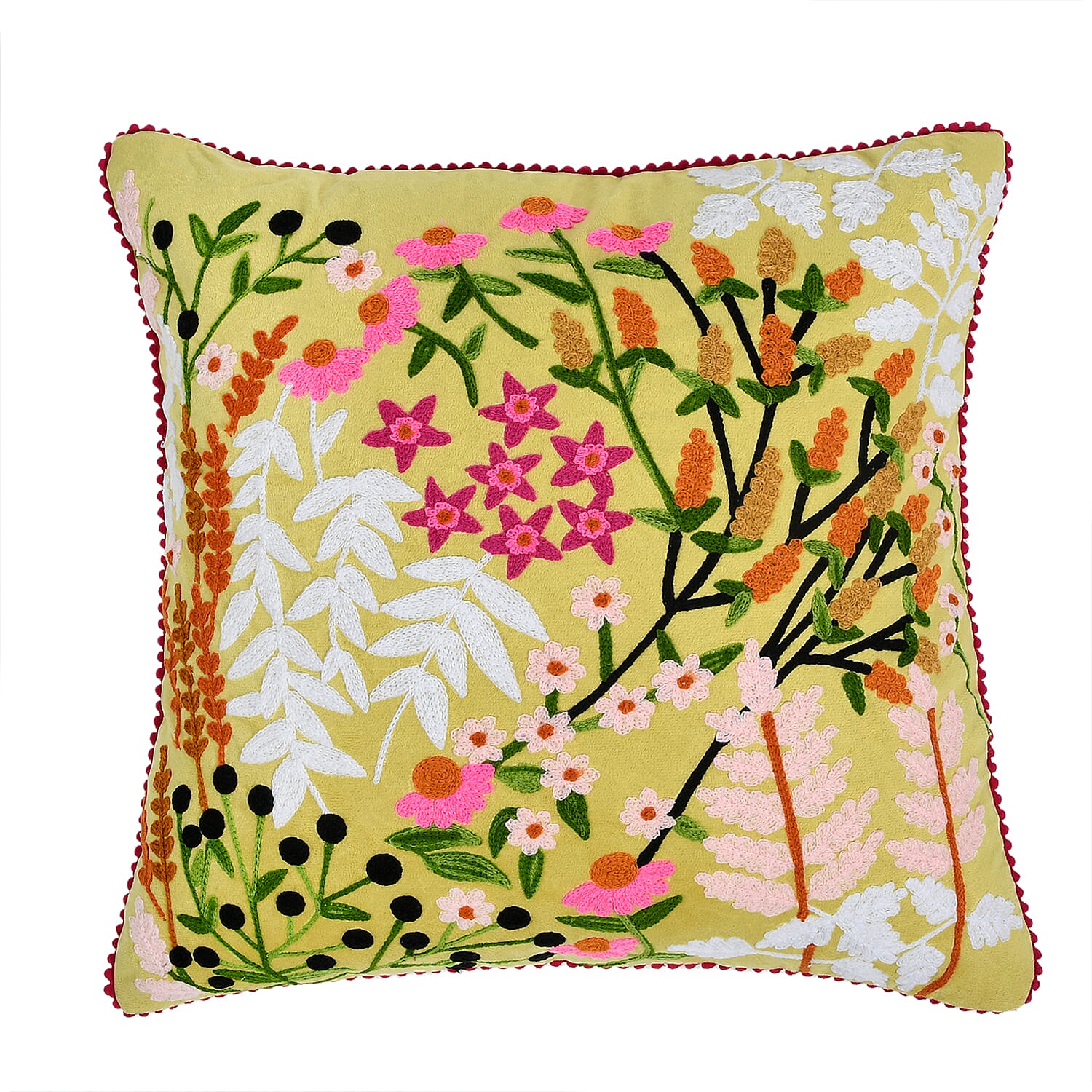 Cotton Floral Embroidered Cushion Cover (Size 45x45 cm) - Yellow