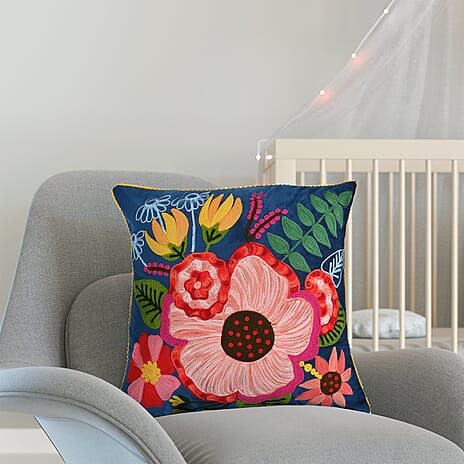 Cotton Floral Cushion Cover (Size 45x1 cm) - Blue & Multicolor