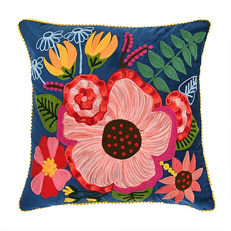Cotton Floral Cushion Cover (Size 45x1 cm) - Blue & Multicolor