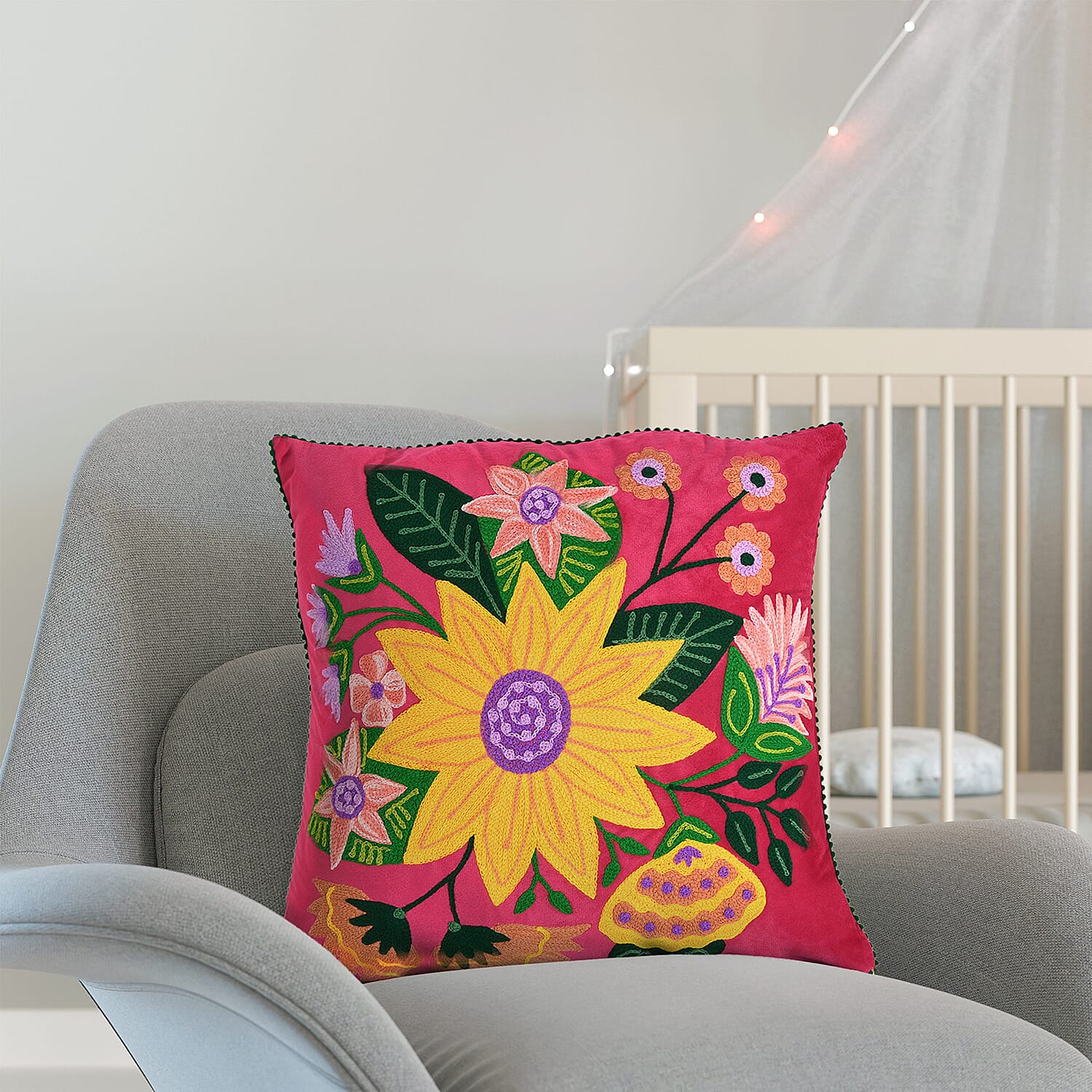 Cotton Floral Embroidered Cushion Cover (Size 45x45 cm) - Pink - Yellow