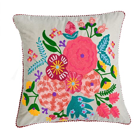 Cotton Floral Cushion Cover (Size 45x1 cm) - Grey & Multicolor