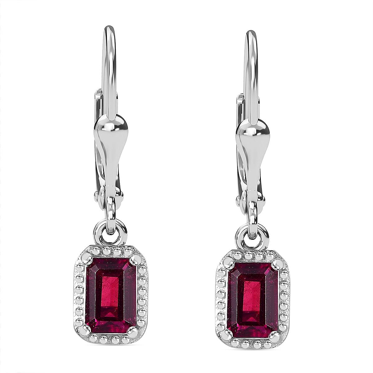 Rhodolite Garnet Solitaire Lever Back Halo Earrings in Rhodium Overlay Sterling Silver 1.50 Ct