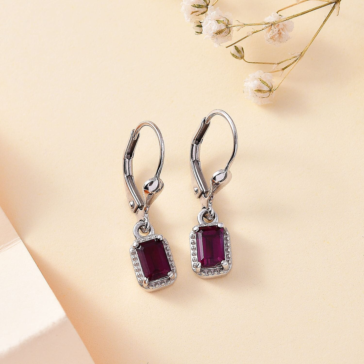 Rhodolite Garnet Solitaire Lever Back Halo Earrings in Rhodium Overlay Sterling Silver 1.50 Ct