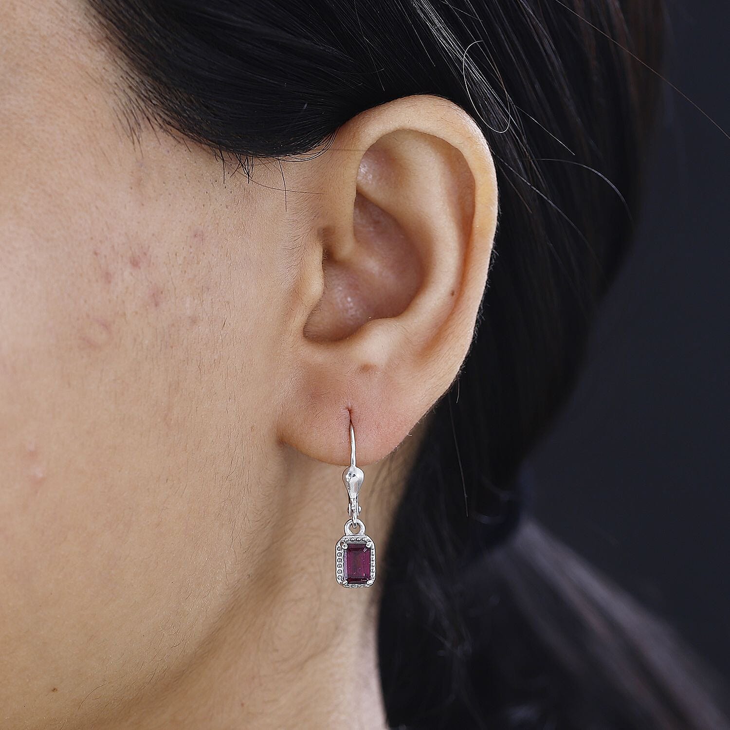 Rhodolite Garnet Solitaire Lever Back Halo Earrings in Rhodium Overlay Sterling Silver 1.50 Ct