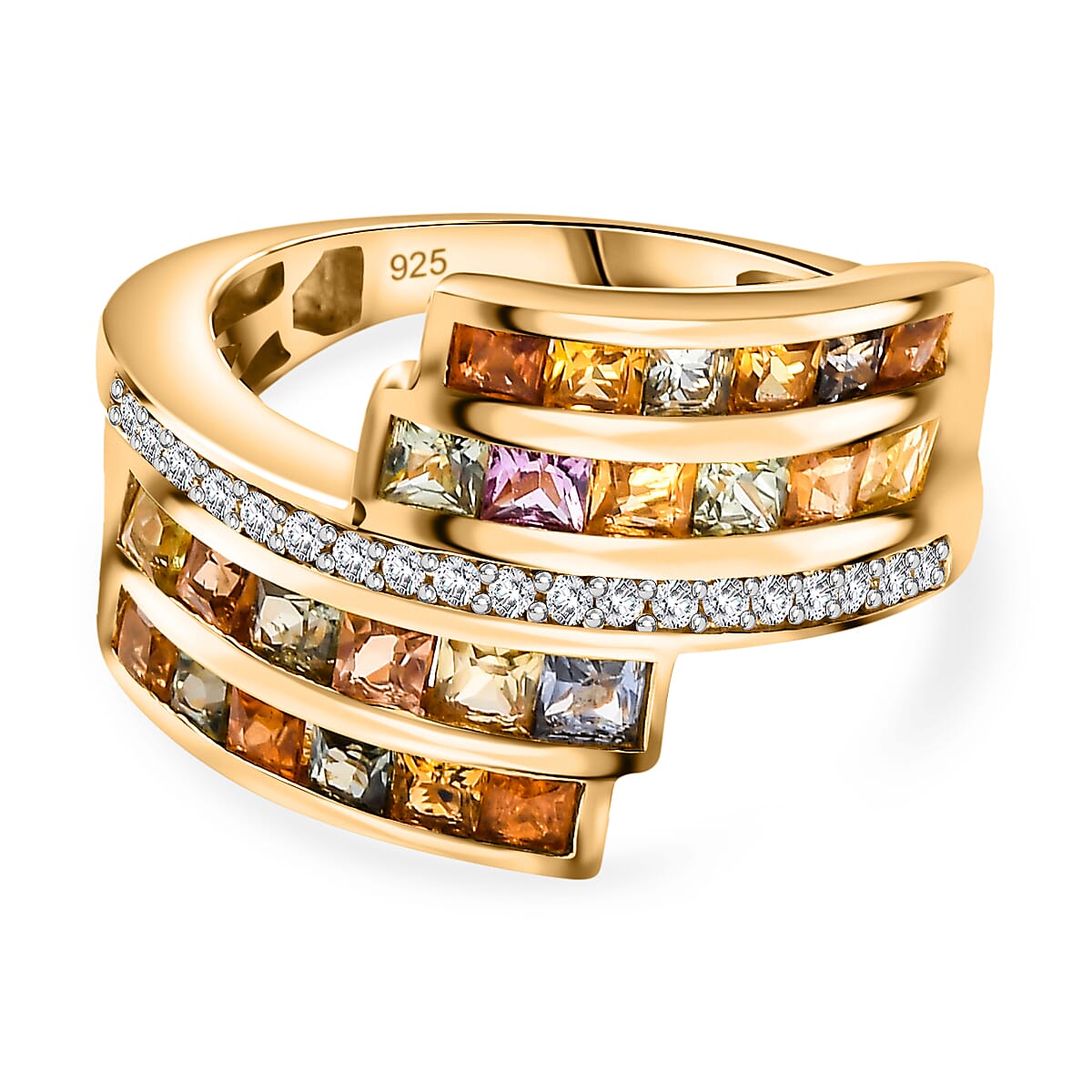 Multi Sapphire & Natural Zircon Bypass Ring in 18K Vermeil Yellow Gold Plated Sterling Silver 2.75 Ct Multi Sapphire & Natural Zircon Bypass Ring in 18K Vermeil Yellow Gold Plated Sterling Silver 2.75 Ct