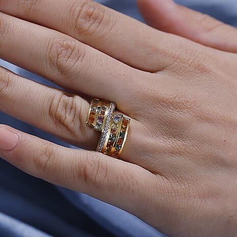 Multi Sapphire & Natural Zircon Bypass Ring in 18K Vermeil Yellow Gold Plated Sterling Silver 2.75 Ct