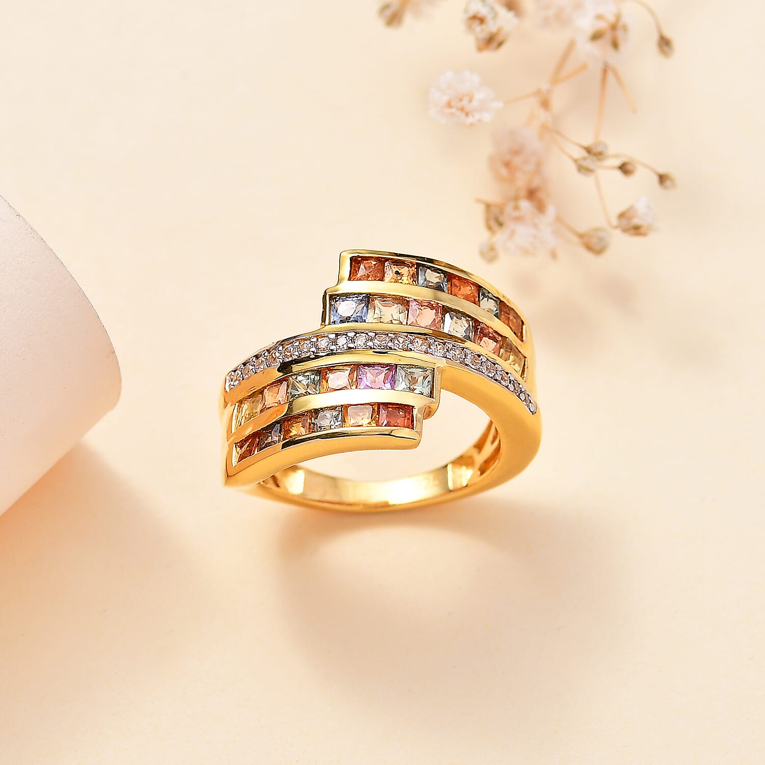 Rainbow Sapphire and Natural Zircon Bypass Ring in 18K Yellow Gold Vermeil Plated Sterling Silver 2.78 Ct
