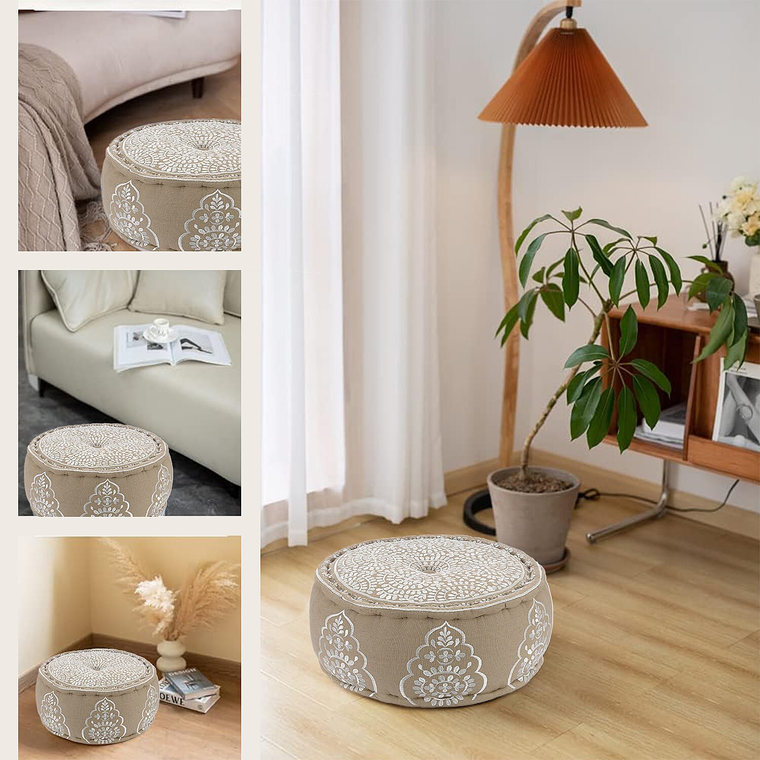 Cotton Ottoman With Embroidery (Size 40x25 cm) - White