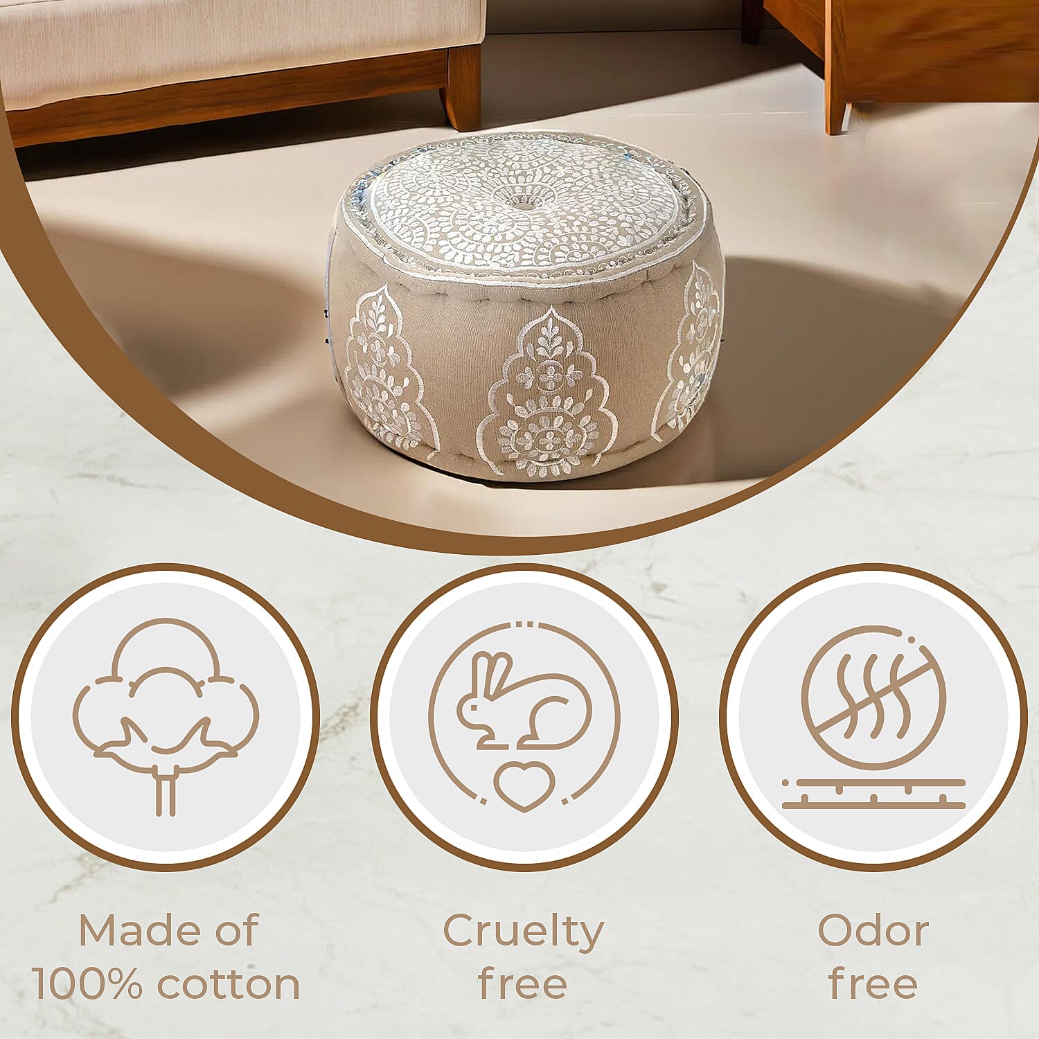 Cotton Ottoman With Embroidery (Size 40x25 cm) - White