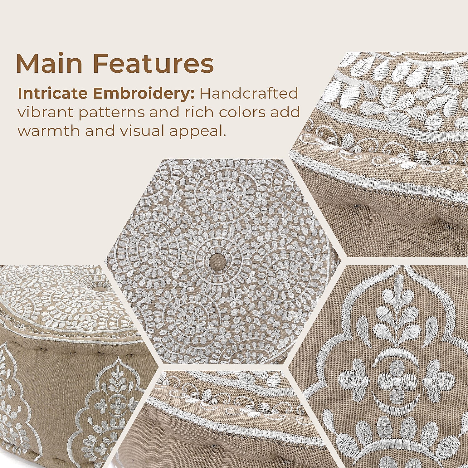 Cotton Ottoman With Embroidery (Size 40x25 cm) - White