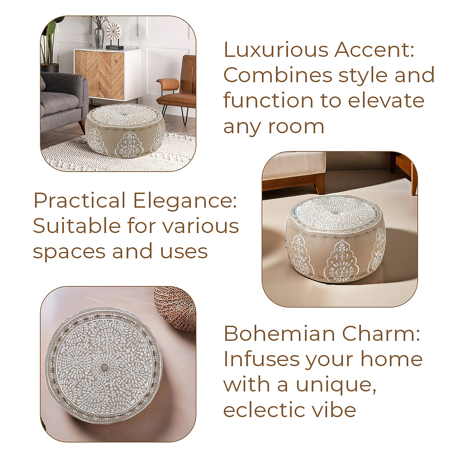 Cotton Ottoman With Embroidery (Size 40x25 cm) - White