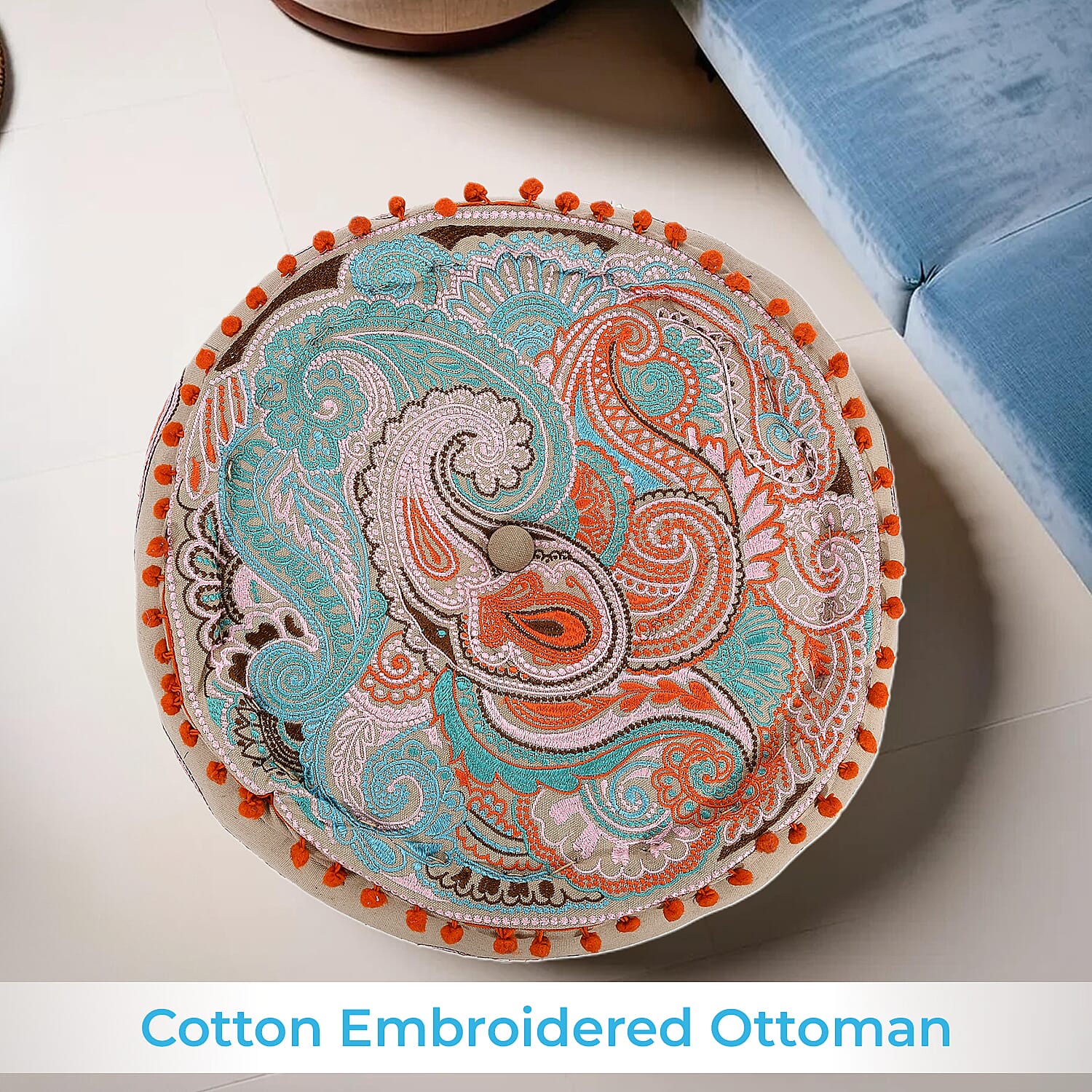 Cotton Ottoman with Embroidery (Size 40x25 cm) - Multi Colour