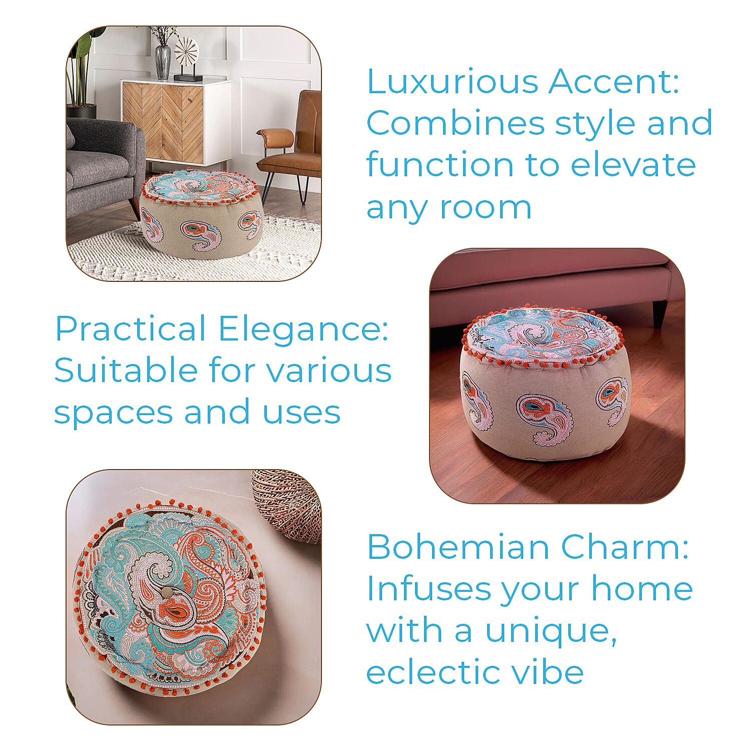 Cotton Ottoman with Embroidery (Size 40x25 cm) - Multi Colour