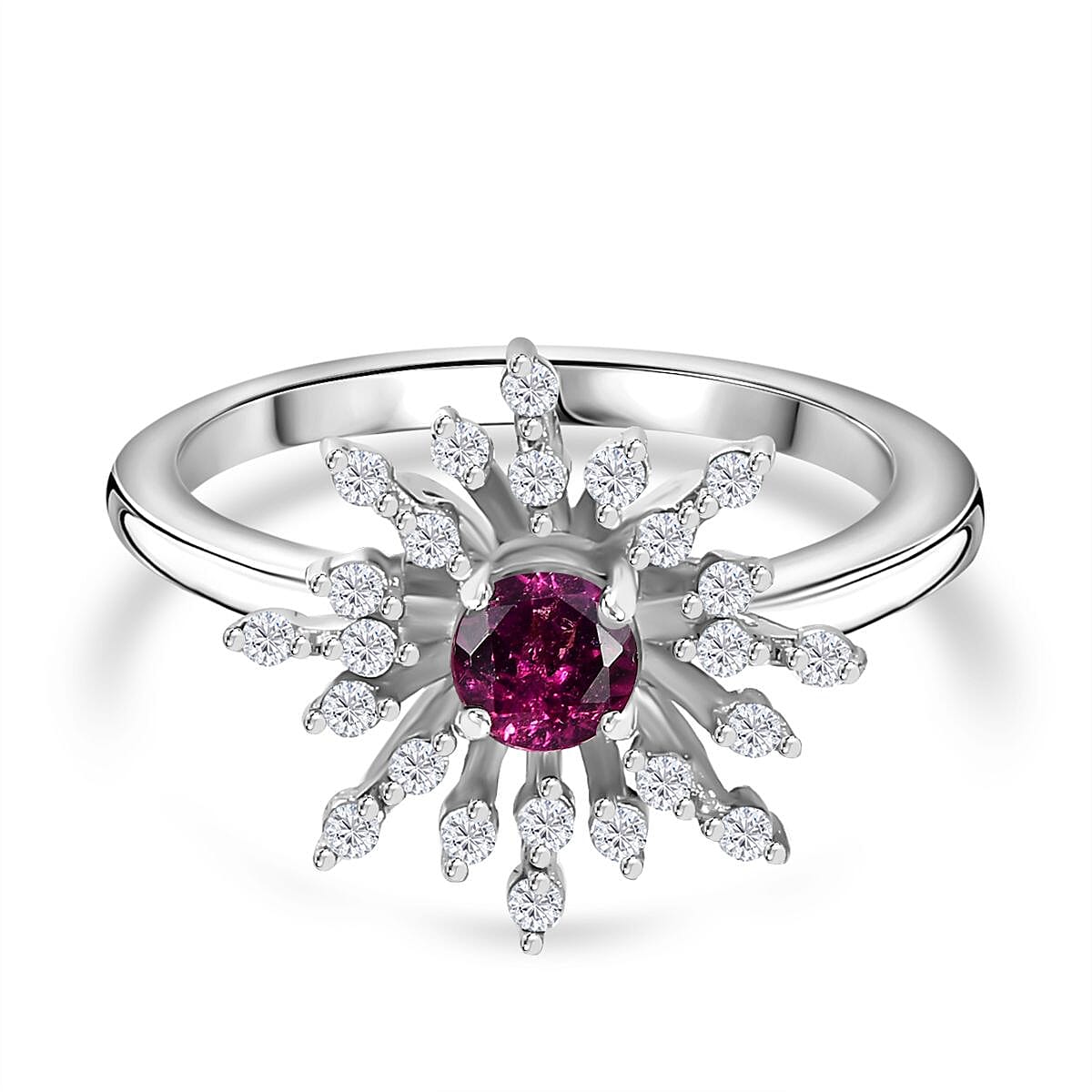 Tony Diniz Collection - Natural Ember Garnet, Natural White Zircon  Fancy Ring in Rhodium Overlay Sterling Silver