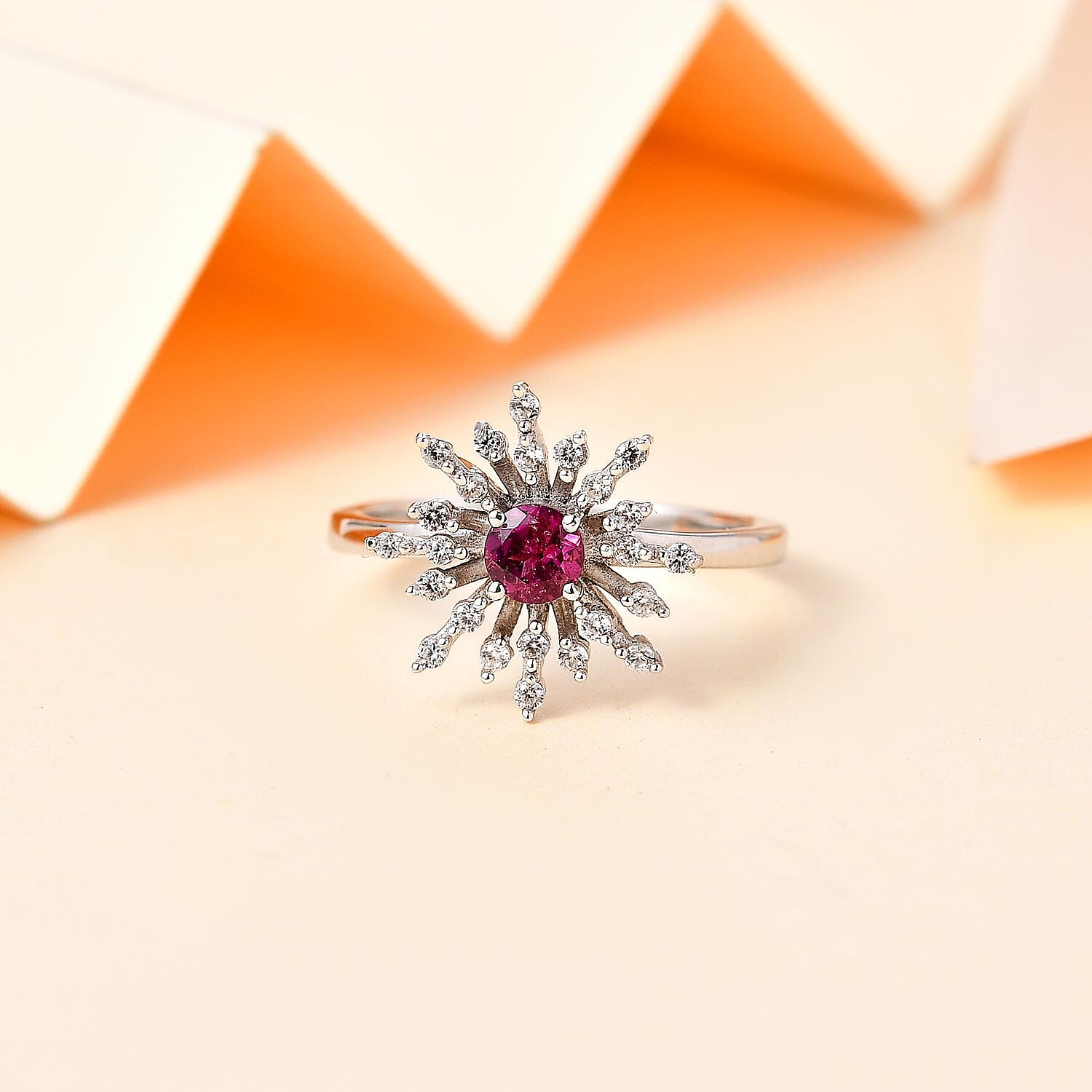 Tony Diniz Collection - Natural Ember Garnet, Natural White Zircon  Fancy Ring in Rhodium Overlay Sterling Silver