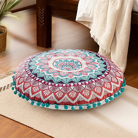 Cotton Cushion with Embroidery - Pom Pom (Size 40x10 cm) - Multi