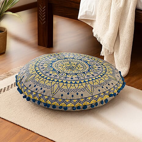 Cotton Cushion with Embroidery - Pom Pom (Size 40x10 cm) - Blue - Multi