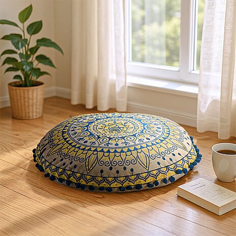 Cotton Cushion with Embroidery - Pom Pom (Size 40x10 cm) - Blue - Multi