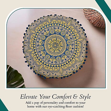 Cotton Cushion with Embroidery - Pom Pom (Size 40x10 cm) - Blue - Multi