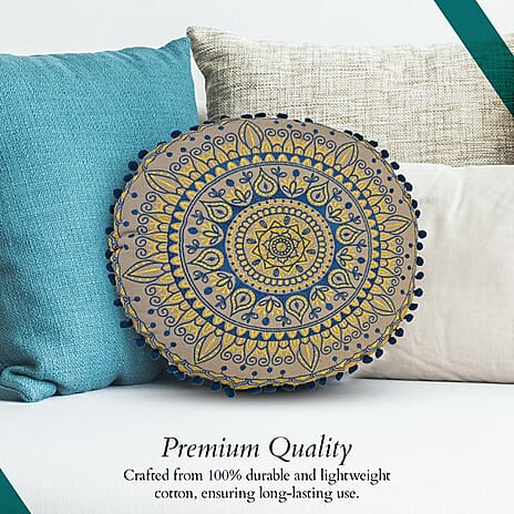 Cotton Cushion with Embroidery - Pom Pom (Size 40x10 cm) - Blue - Multi