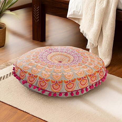 Cotton Cushion with Embroidery - Pom Pom (Size 40x10 cm) - Baby Pink