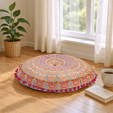 Cotton Cushion with Embroidery - Pom Pom (Size 40x10 cm) - Baby Pink