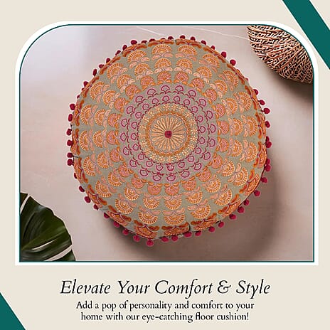 Cotton Cushion with Embroidery - Pom Pom (Size 40x10 cm) - Baby Pink