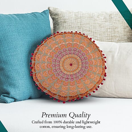 Cotton Cushion with Embroidery - Pom Pom (Size 40x10 cm) - Baby Pink