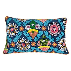 Cotton Flower Embroidered Lumber Cushion Cover (Size 50x30 Cm) - Pink & Multi