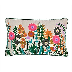 Cotton Flower Embroidered Lumber Cushion Cover (Size 50x30 Cm) - Pink & Multi