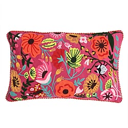 Cotton Flower Embroidered Lumber Cushion Cover (Size 50x30 Cm) - Pink & Multi