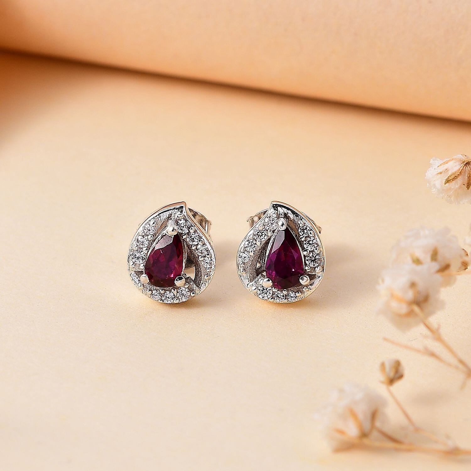 Tony Diniz Collection - Natural Ember Garnet ,  White Zircon  Solitaire Stud Push Post Earring in rhodium Sterling Silver 0.96 ct  0.752  Ct.