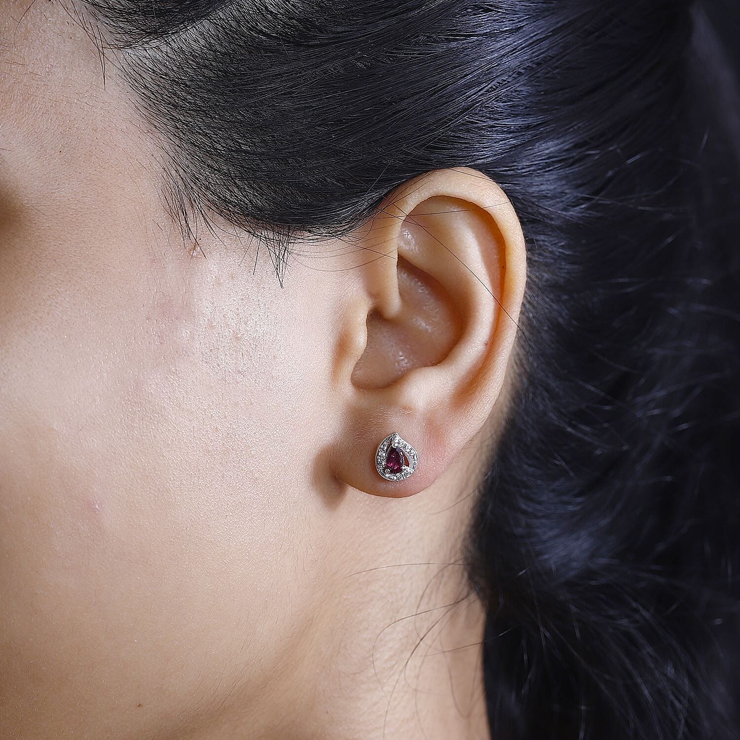 Tony Diniz Collection - Natural Ember Garnet ,  White Zircon  Solitaire Stud Push Post Earring in rhodium Sterling Silver 0.96 ct  0.752  Ct.