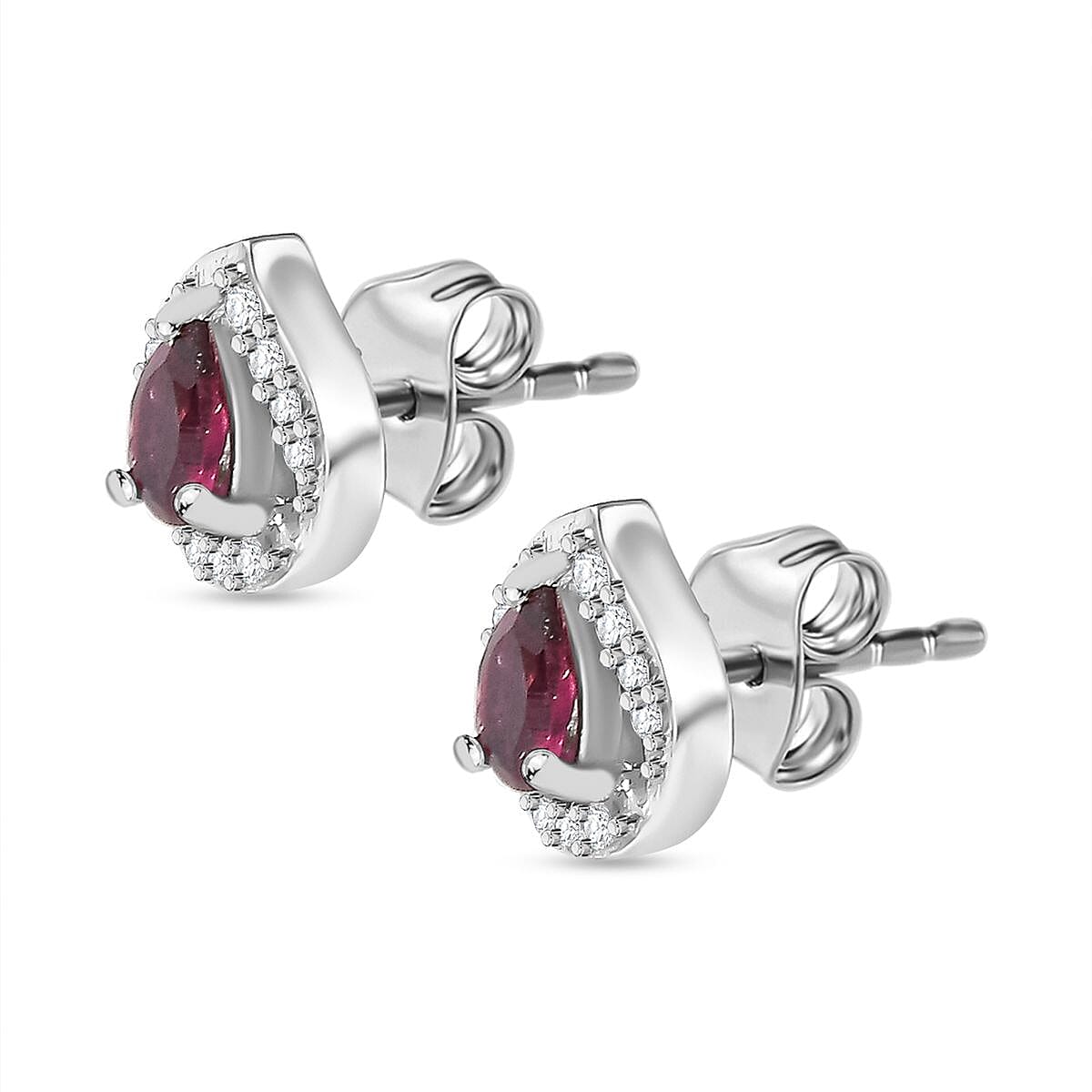 Tony Diniz Collection - Natural Ember Garnet ,  White Zircon  Solitaire Stud Push Post Earring in rhodium Sterling Silver 0.96 ct  0.752  Ct.