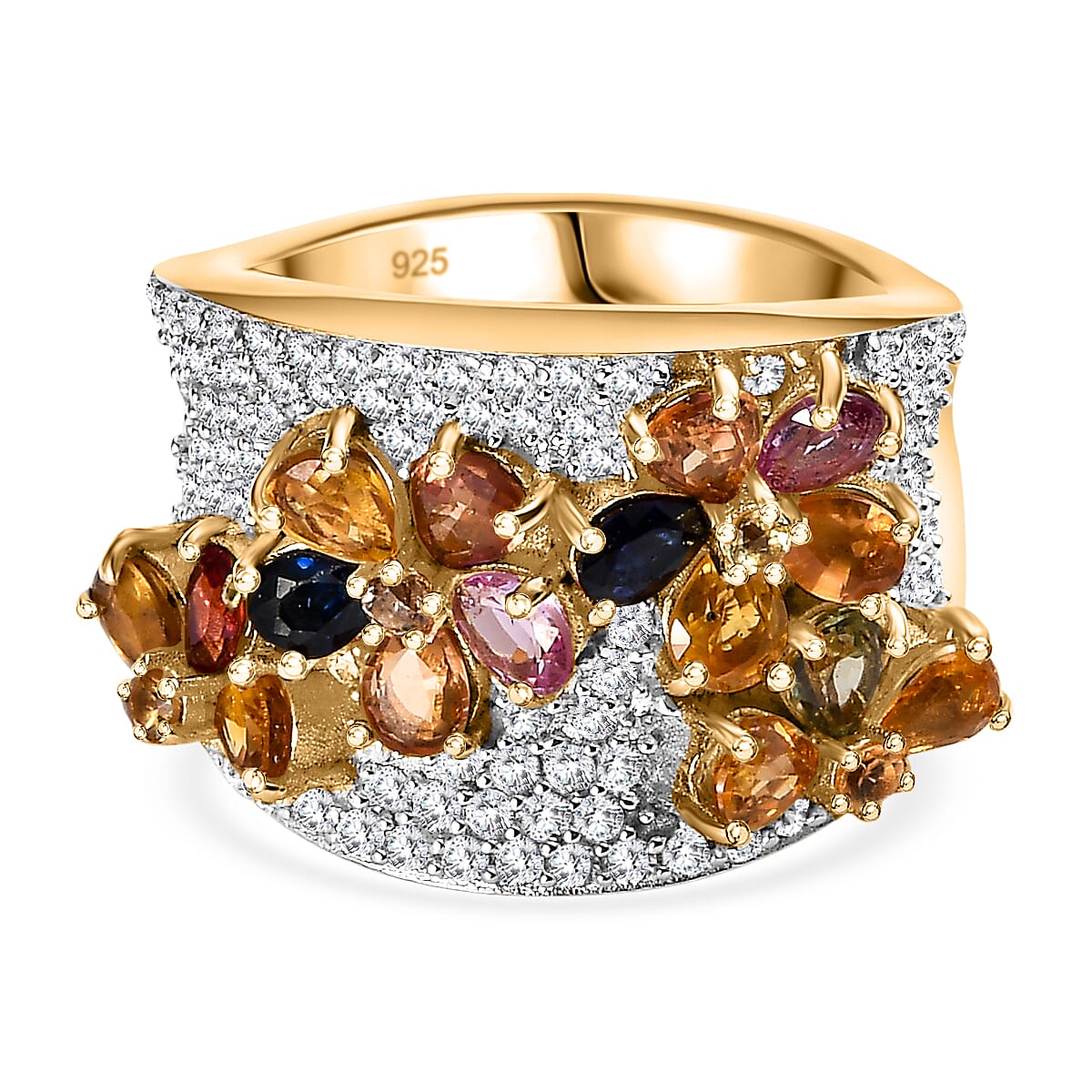 Rainbow Sapphire & Natural Zircon Cluster Ring in 18K Vermeil Yellow Gold Plated Sterling Silver 4.22 Ct