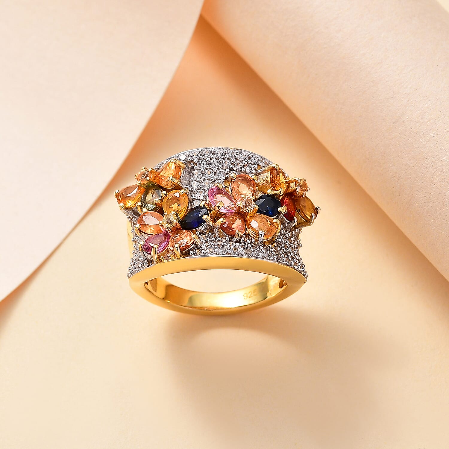 Rainbow Sapphire & Natural Zircon Cluster Ring in 18K Vermeil Yellow Gold Plated Sterling Silver 4.22 Ct