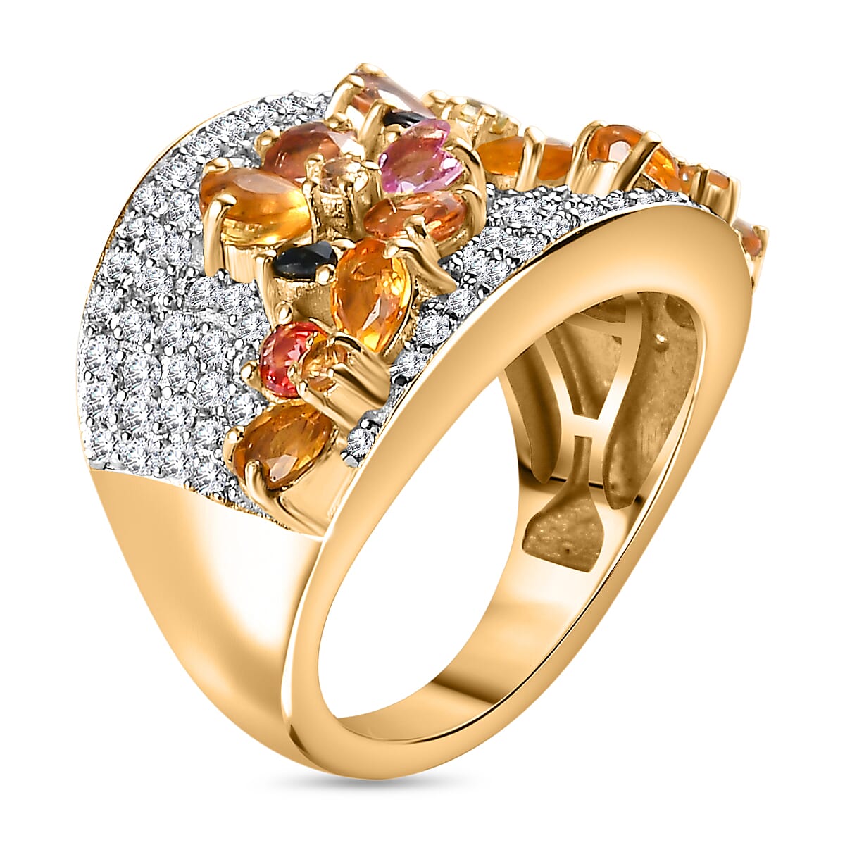 Rainbow Sapphire & Natural Zircon Cluster Ring in 18K Vermeil Yellow Gold Plated Sterling Silver 4.22 Ct