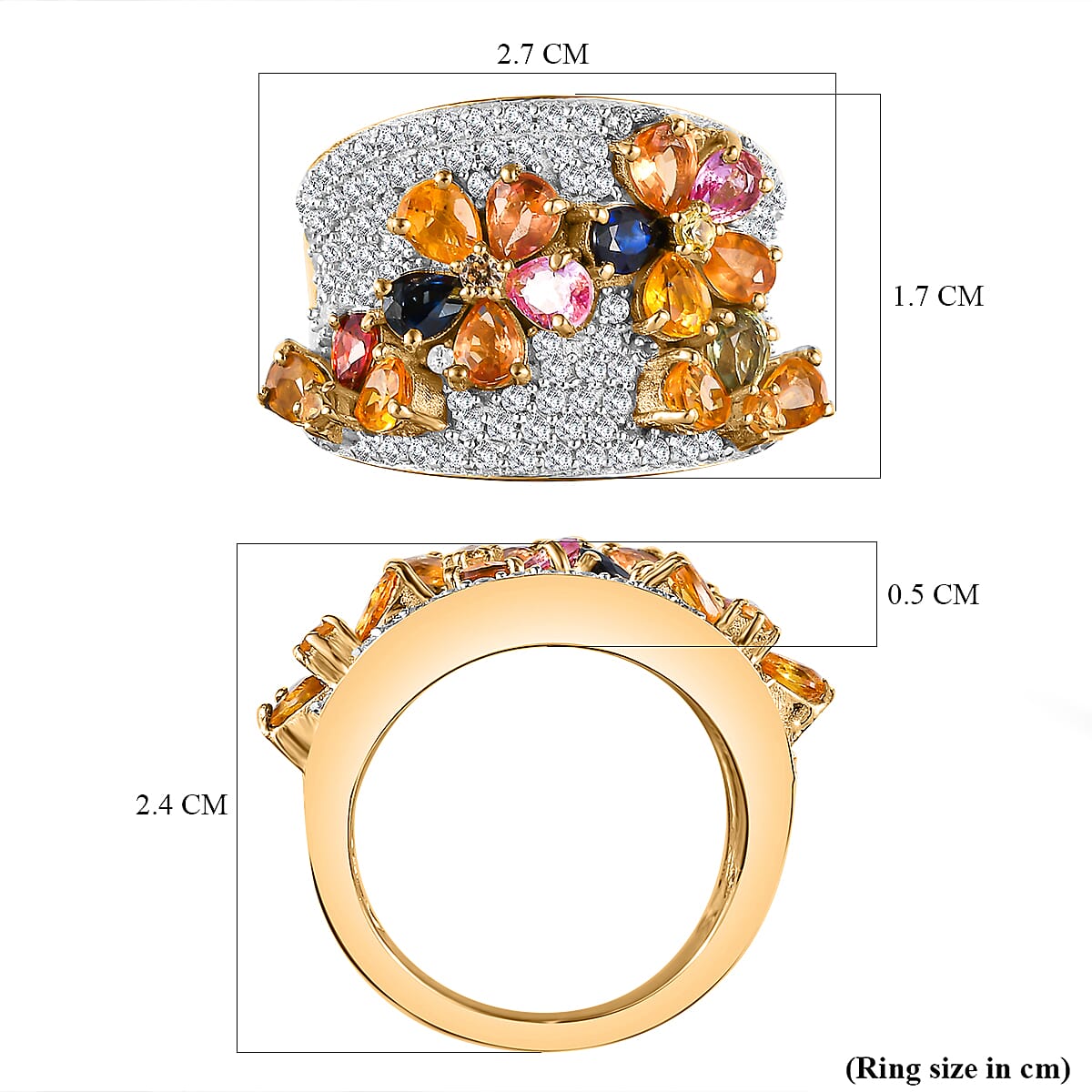 Rainbow Sapphire & Natural Zircon Cluster Ring in 18K Vermeil Yellow Gold Plated Sterling Silver 4.22 Ct