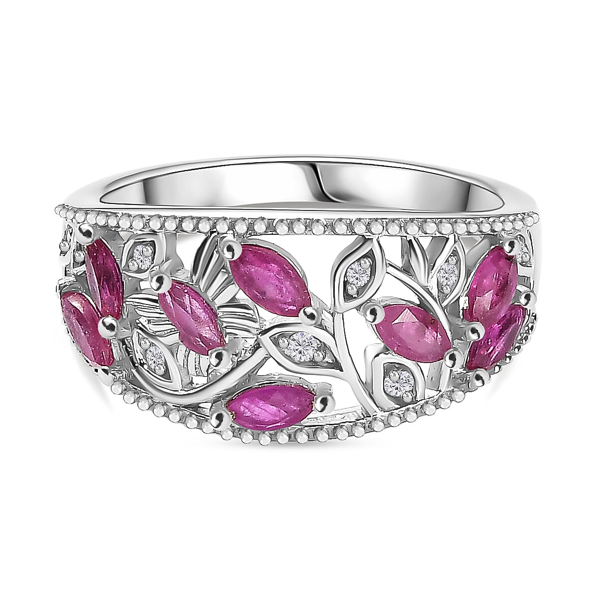 Ruby & Natural Zircon Leaf Ring in Rhodium Sterling Silver